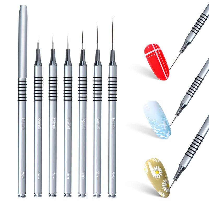 Komall Metallic Nail Art Brushes, 6Pcs Non Slip Liner Brush Set, UV Gel Polish Painting Art Design Pen for Long Lines, Thin Details, Fine Drawing Sizes 5/7/9/11/20/25mm(Silver) - Image 2